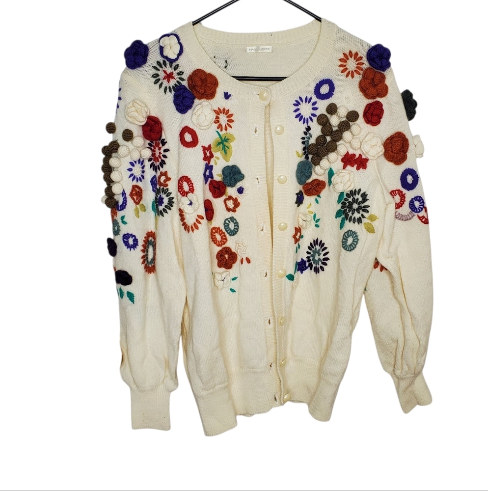Handknit Button Patch Cardigan Cream Small #191 Boho Cottagecore